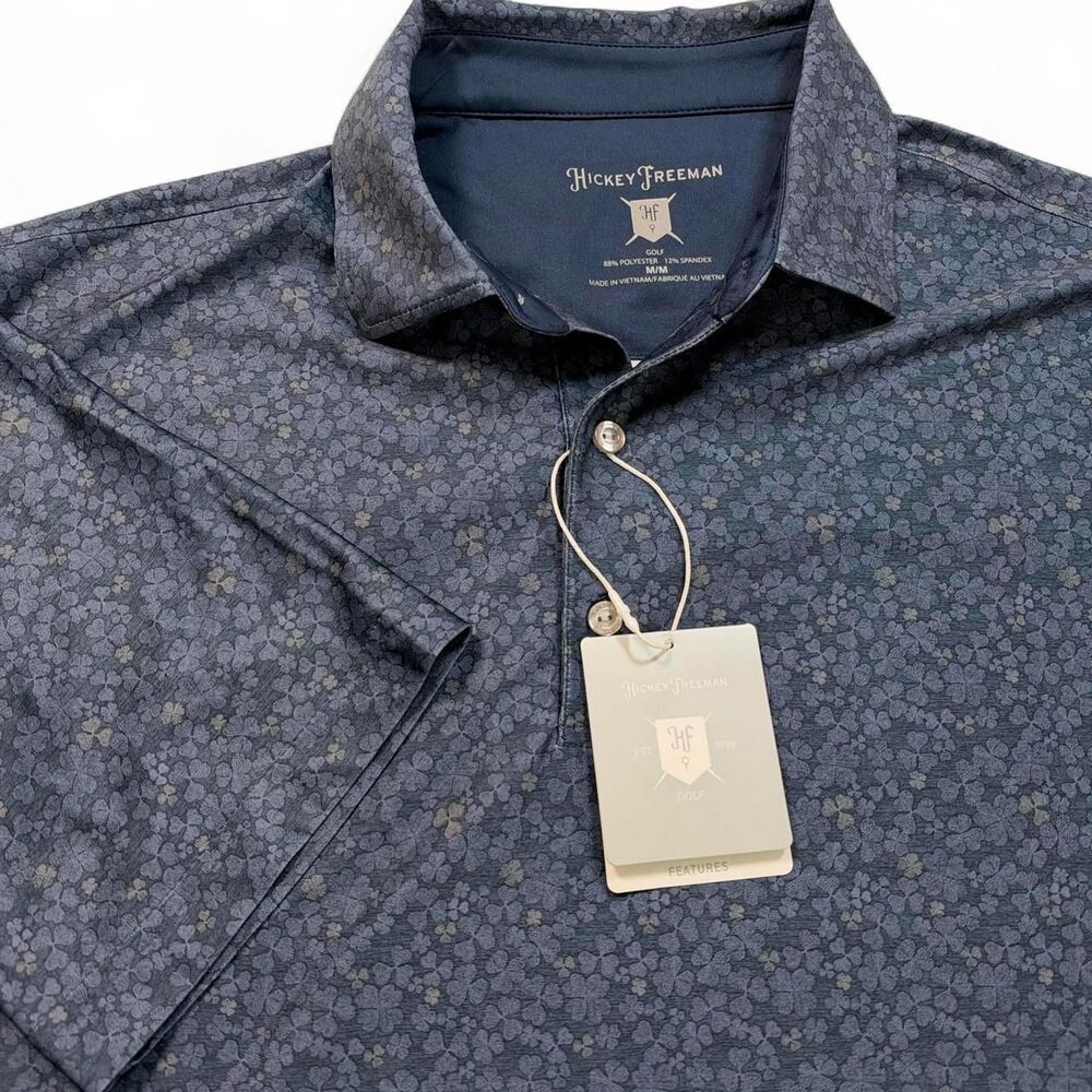 Hickey Freeman Golf Polo Shirt Men's M Blue Clover Print NWT Stretch Performance